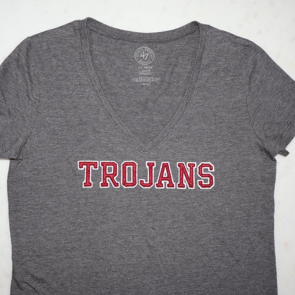 47 Brand USC Trojans V-Neck T-Shirt Heather Grey XL Embroidered NCAA